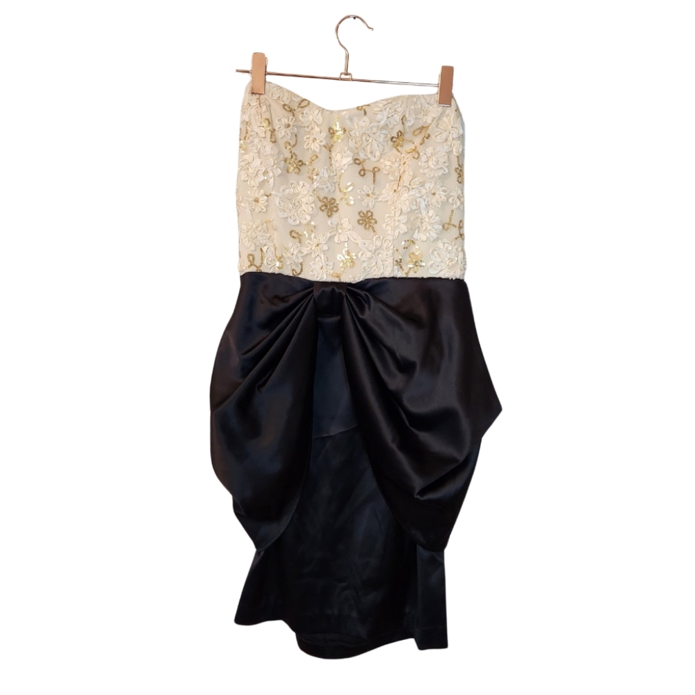 Cream and Black Floral Sequin Strapless Peplum Dress (S)